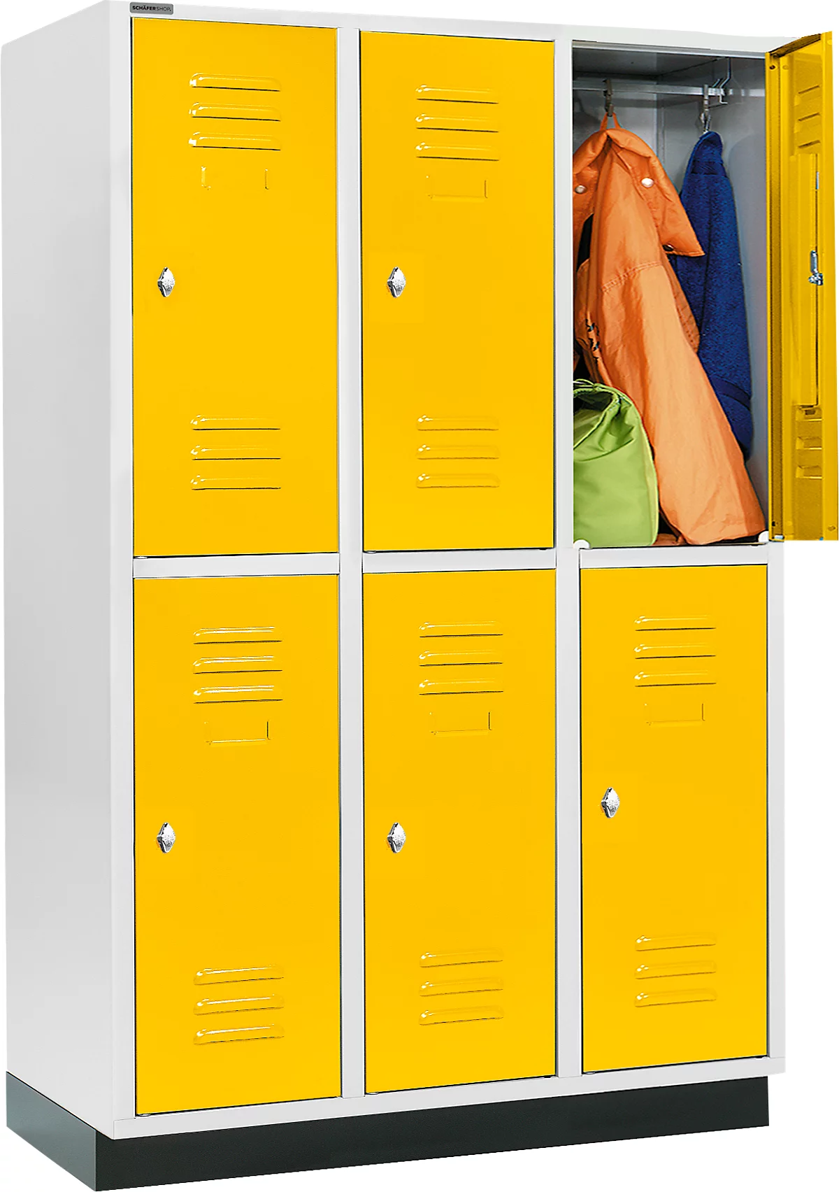 Armario para ropa Schäfer Shop Select, con 3 x 2 compartimentos, 400 mm, con base, cerradura de pestillo giratorio, puerta de color amarillo coloreado