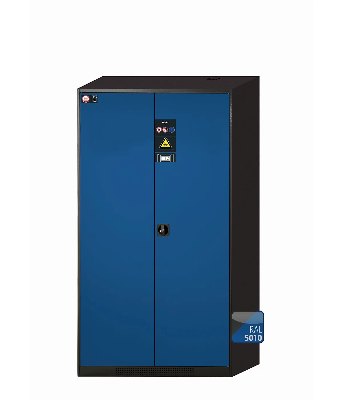 Armario químico asecos CS-CLASSIC-F, puertas batientes, frontal azul genciana, ancho 1055 x fondo 520 x alto 1950 mm