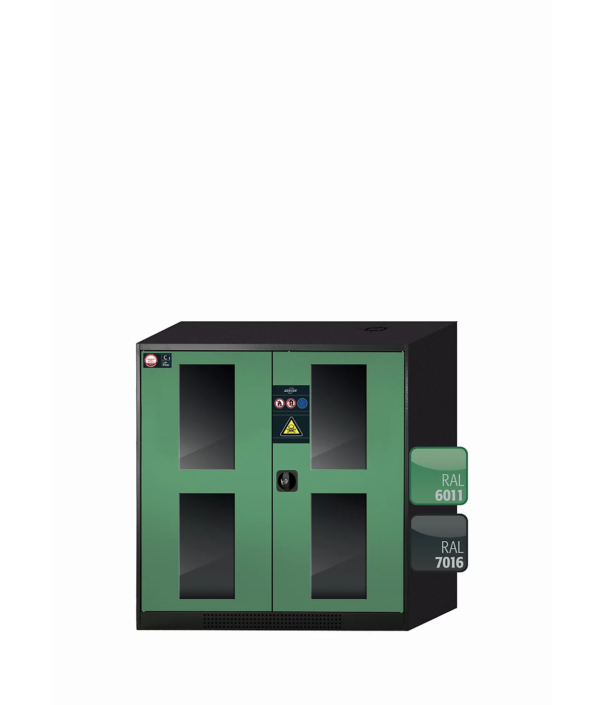 Armario químico asecos CS-CLASSIC-G, puertas batientes con recorte de cristal, frontal reseda verde, ancho 1055 x fondo 520 x alto 1105 mm