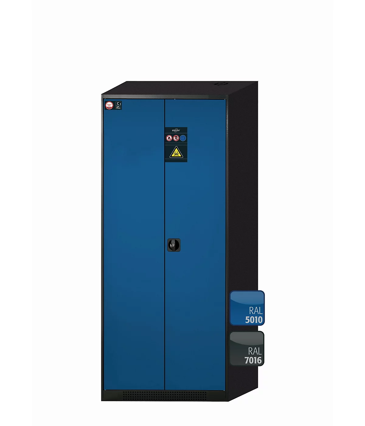 Armario químico asecos CS-CLASSIC, puertas batientes, frontal azul genciana, ancho 810 x fondo 520 x alto 1950 mm