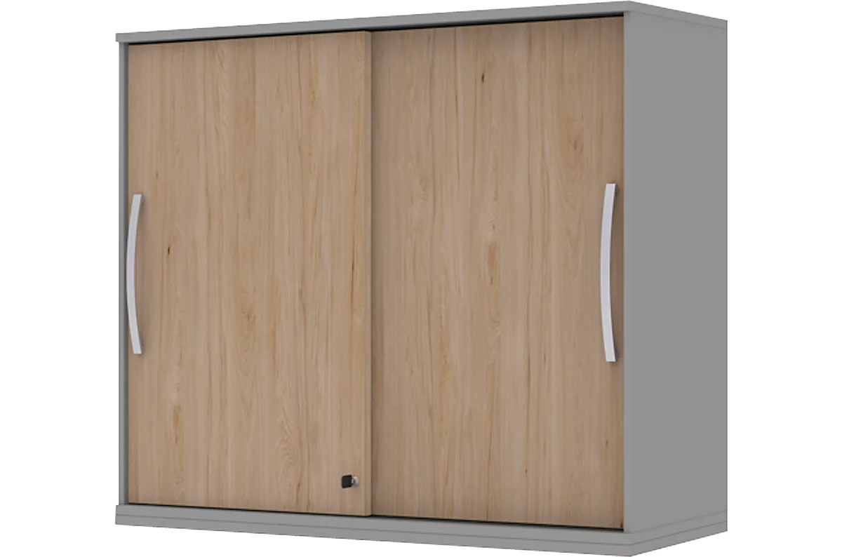 Armario superpuesto de puertas correderas BARI, 4 estantes, cerradura, tabique central, An 1200 x P 430 x Al 1057 mm, gris medio