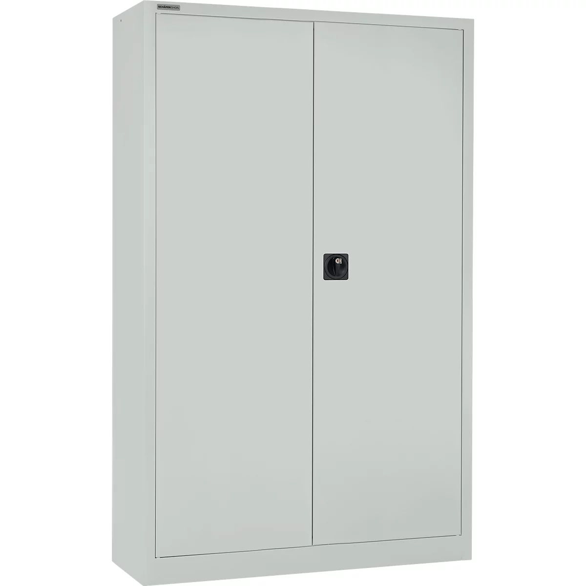 Archivo de dos puertas de color gris claro con un asa negra.
