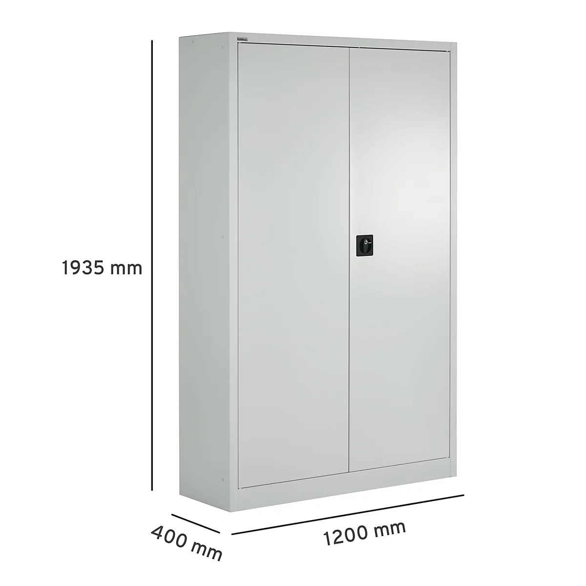 Armario de acero gris con dos puertas, un asa negra y dimensiones.