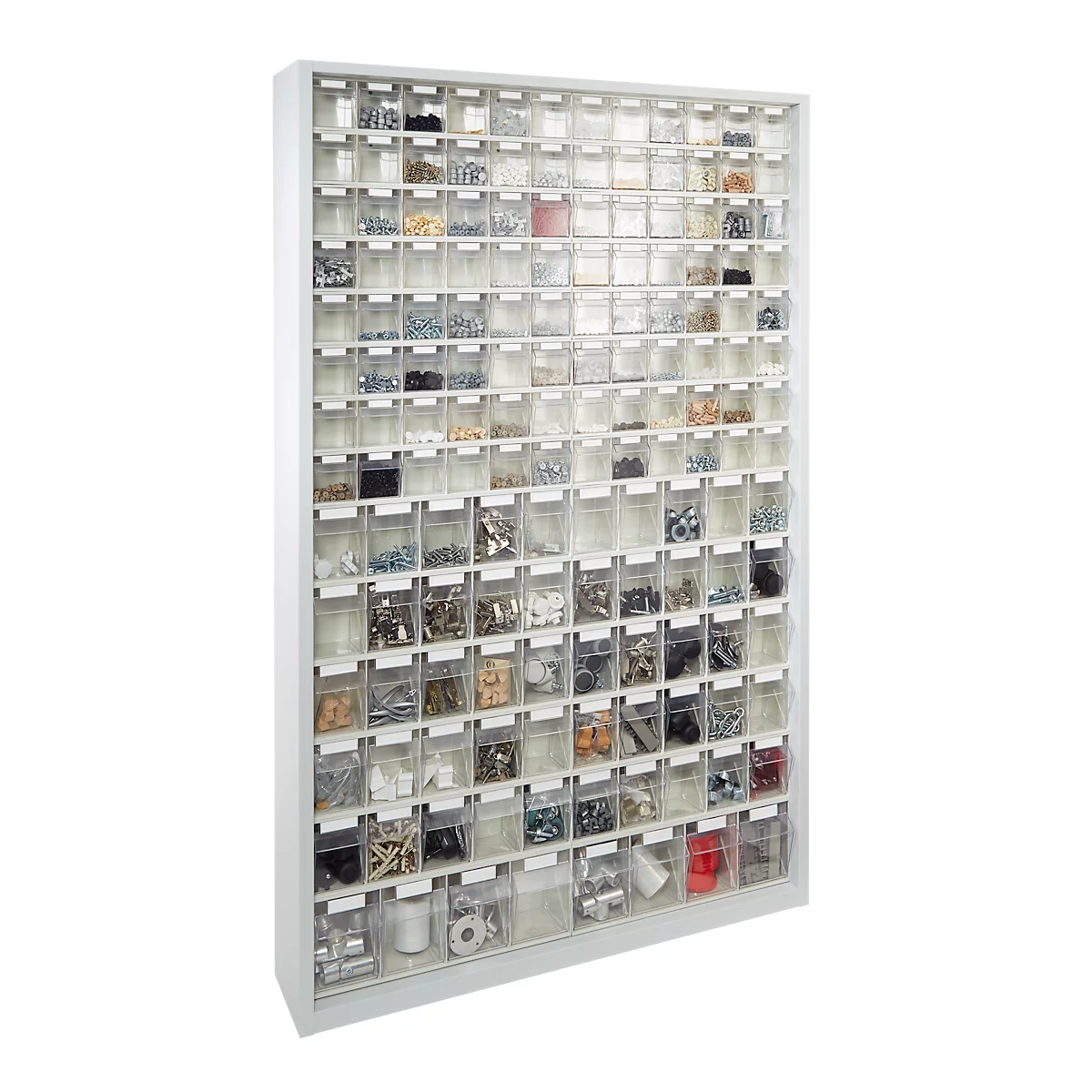 Armoire à bacs de stockage, volume 635 l, 154 bacs de stockage amovibles avec poignée encastrée, L 1270 x P 250 x H 2000 mm, l.gris/transparent