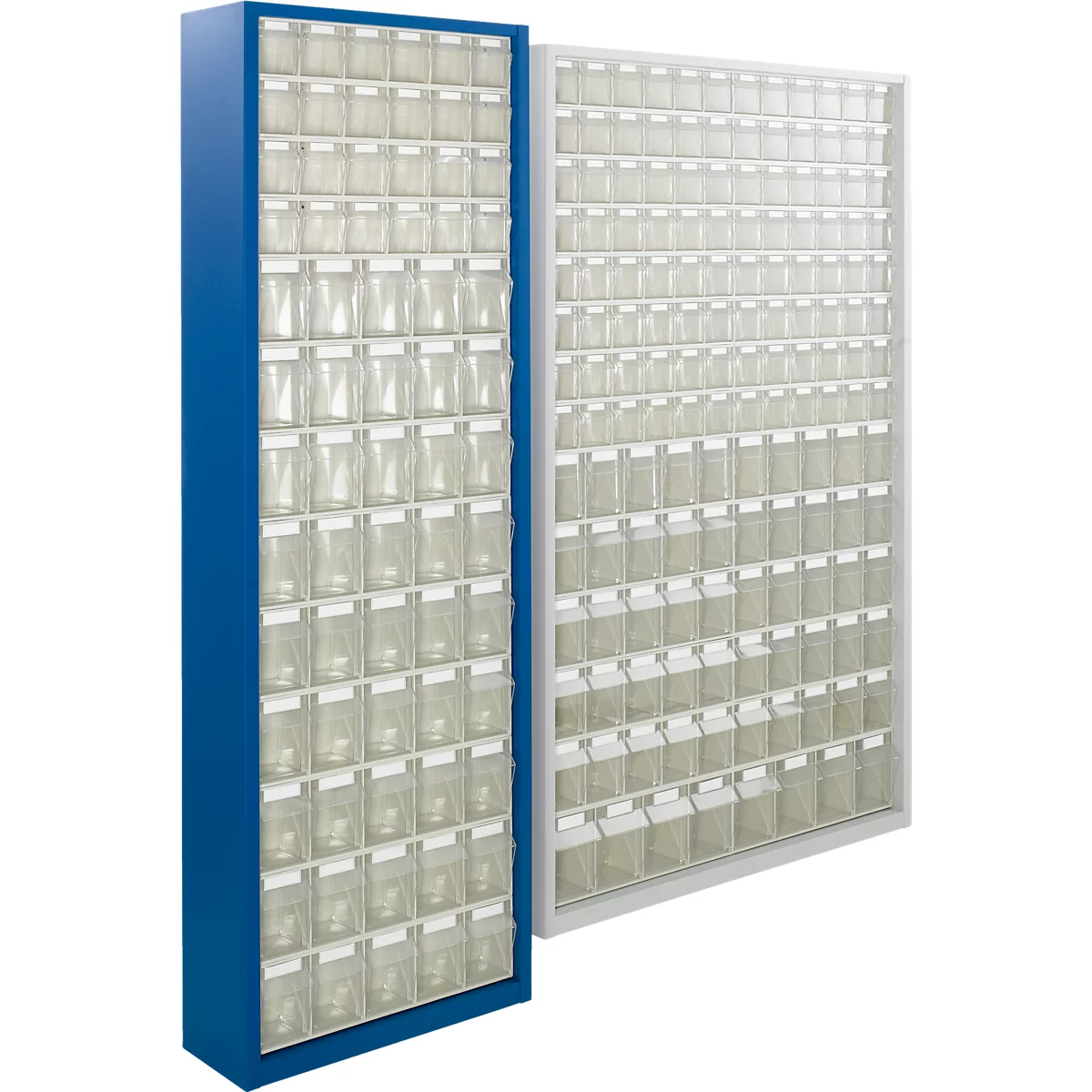 Armoire à bacs de stockage, volume 635 l, 154 bacs de stockage amovibles avec poignée encastrée, L 1270 x P 250 x H 2000 mm, l.gris/transparent