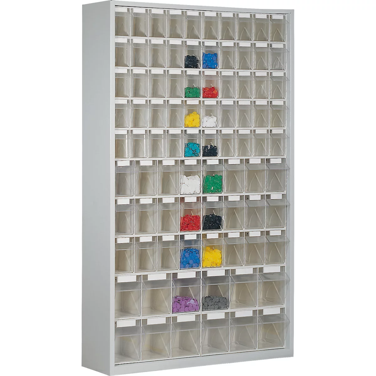 Armoire à bacs de stockage, volume 635 l, 86 bacs de stockage amovibles avec poignée encastrée, L 1270 x P 250 x H 2000 mm, l.gris/transparent
