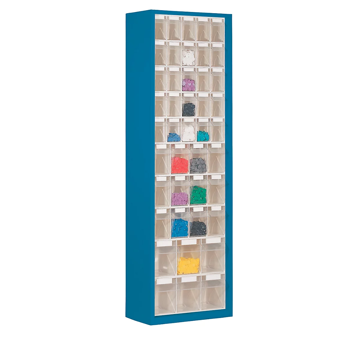 Armoire à bacs, volume 333 l, 43 bacs rabattables amovibles avec poignée encastrée, L 665 x P 250 x H 2000 mm, bleu gentiane/transparent