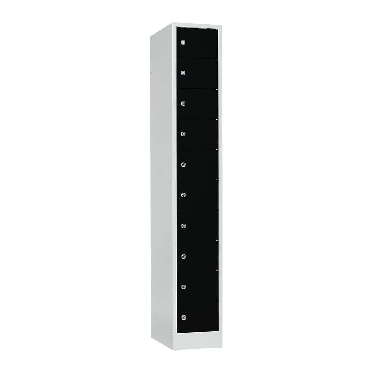 Armoire à casier verrouillable, tôle d'acier, Charnière de porte côté droit, serrure à cylindre, 10 casiers, l. 300 x H 1800 mm, gris cl. RAL 7035/noir int. RAL 9005