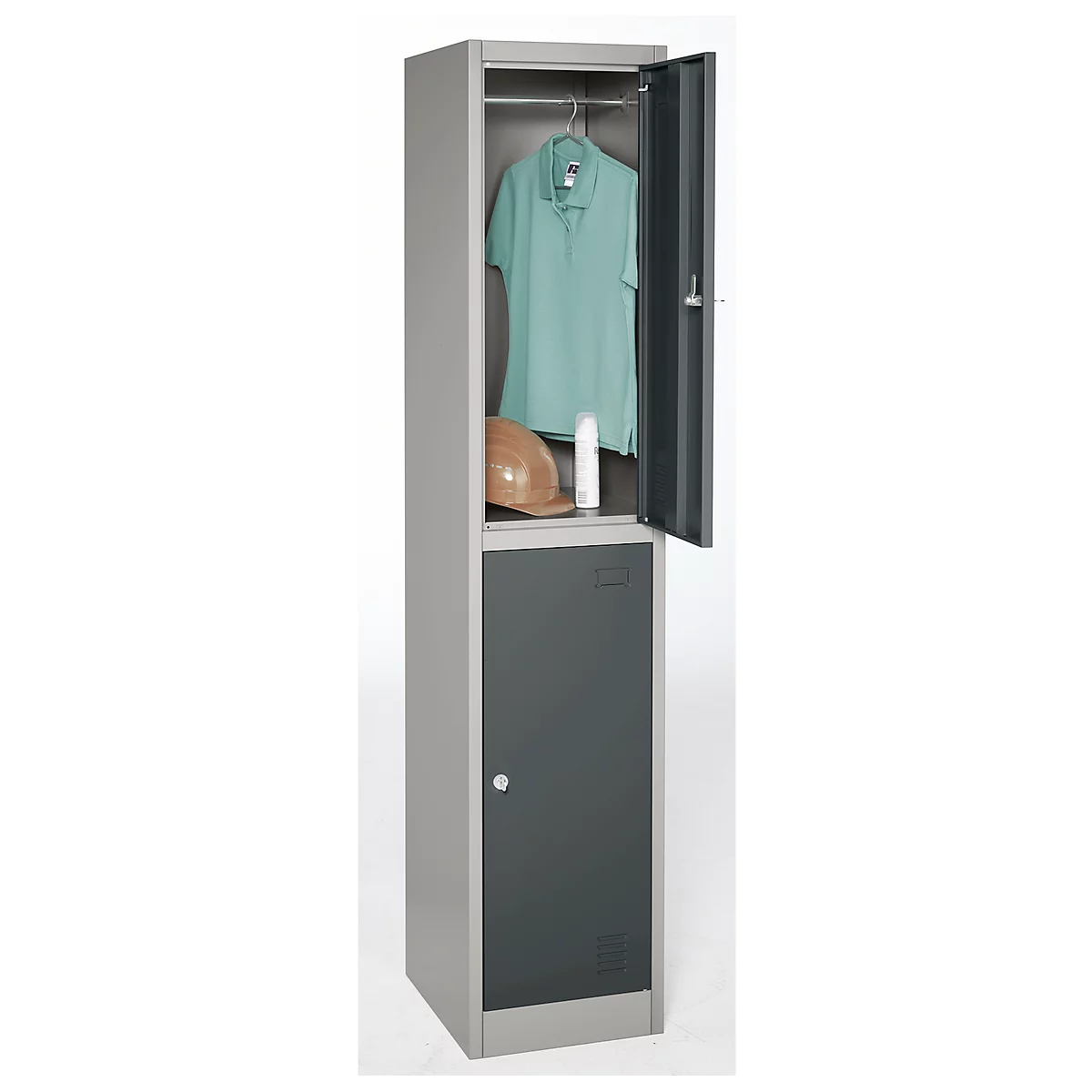 Armoire à casiers, acier, serrure cylindrique, avec porte-étiquette, 2 compartiments, argent clair/anthracite RAL 7016