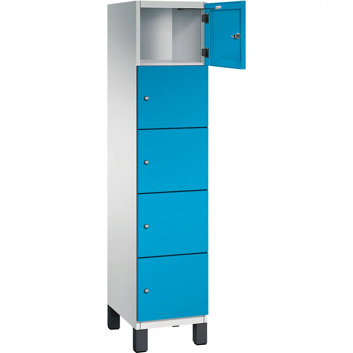 Un casier blanc et bleu avec quatre compartiments, une porte ouverte et des pieds gris.