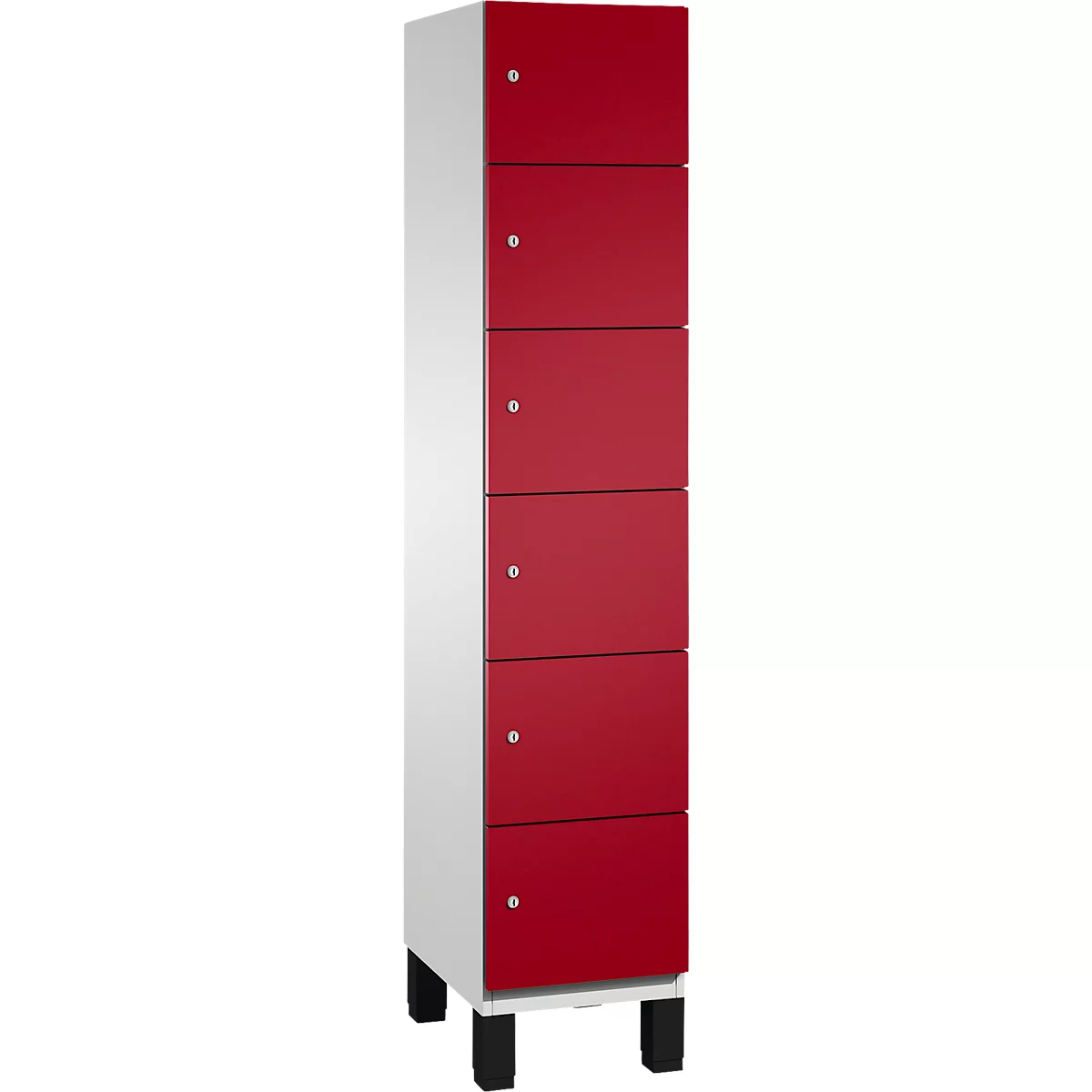 Armoire haute avec portes rouges, poignées argentées et côtés blancs. Pieds noirs.