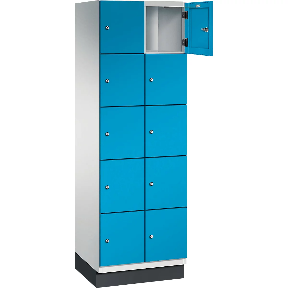 Casier bleu et blanc avec huit compartiments, dont un ouvert.
