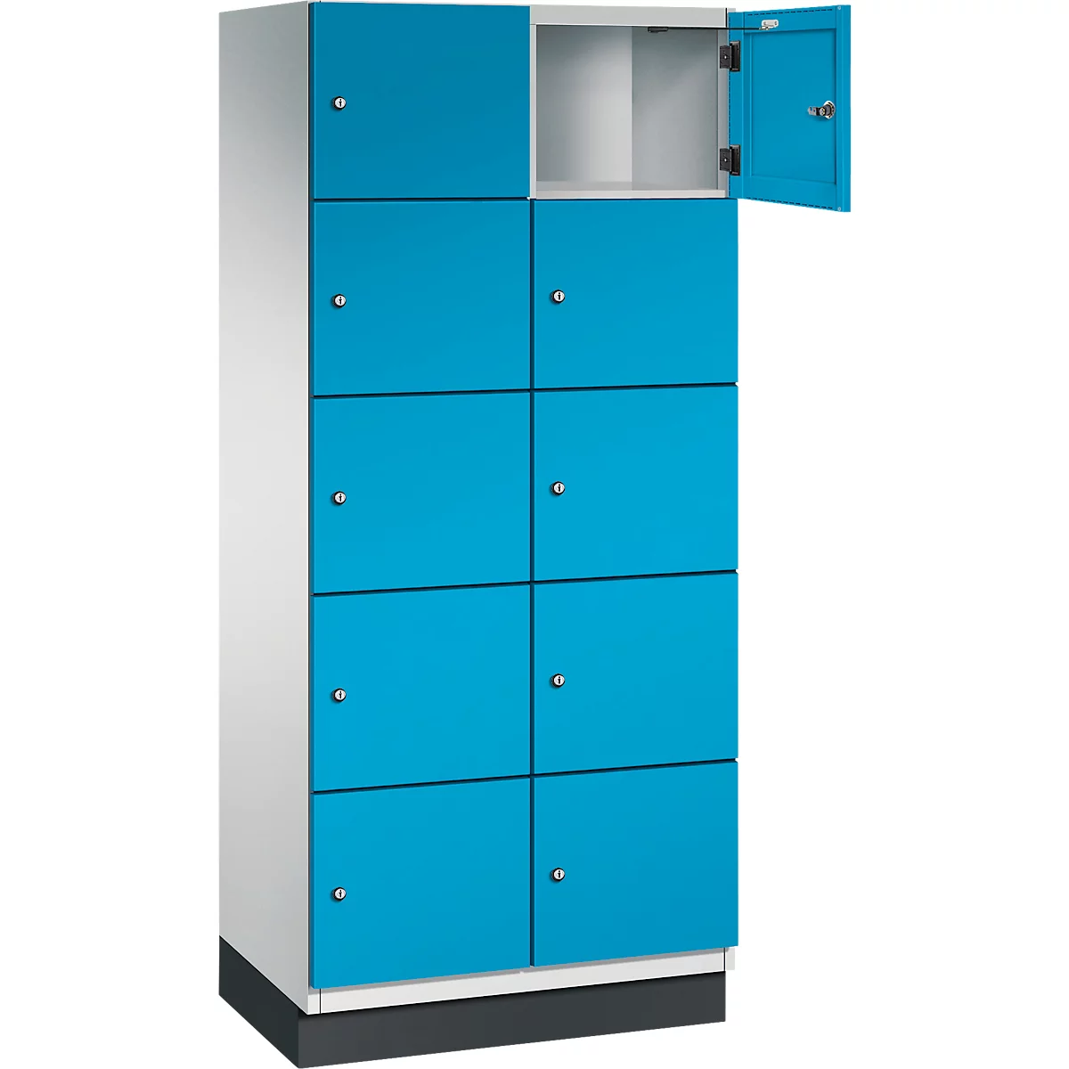 Casier bleu avec compartiments ouverts et fermés. Boîtier clair, base sombre.