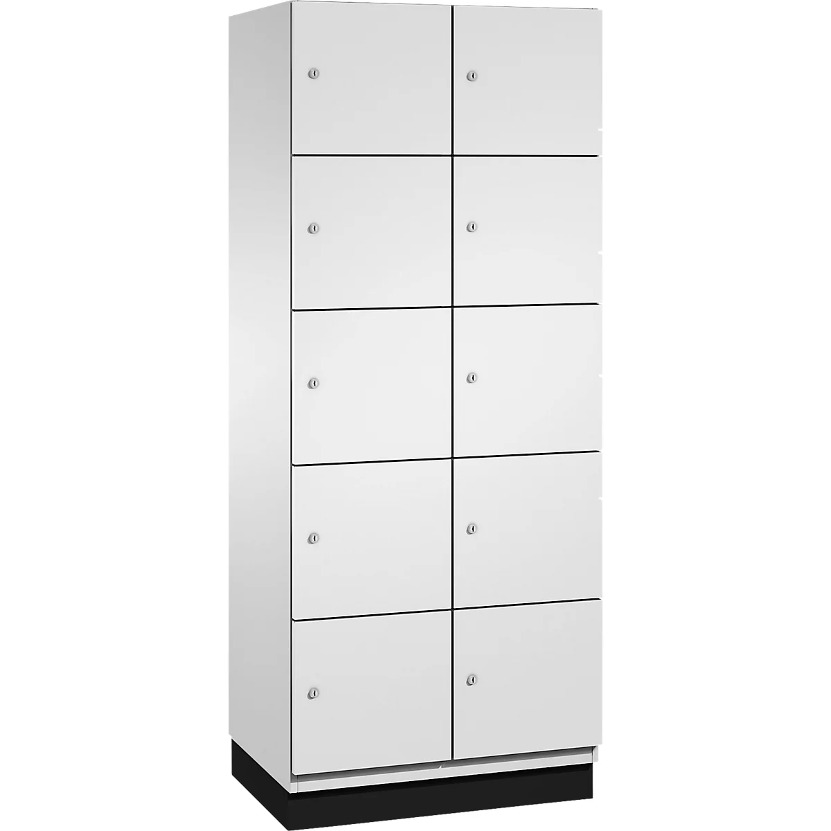 Une armoire blanche avec dix portes et des boutons. L'armoire repose sur un socle noir.