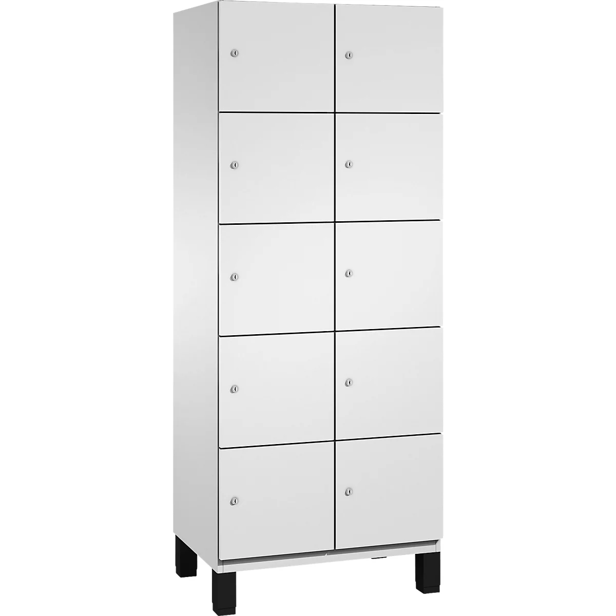 Armoire blanche avec dix portes, petits boutons et pieds noirs.