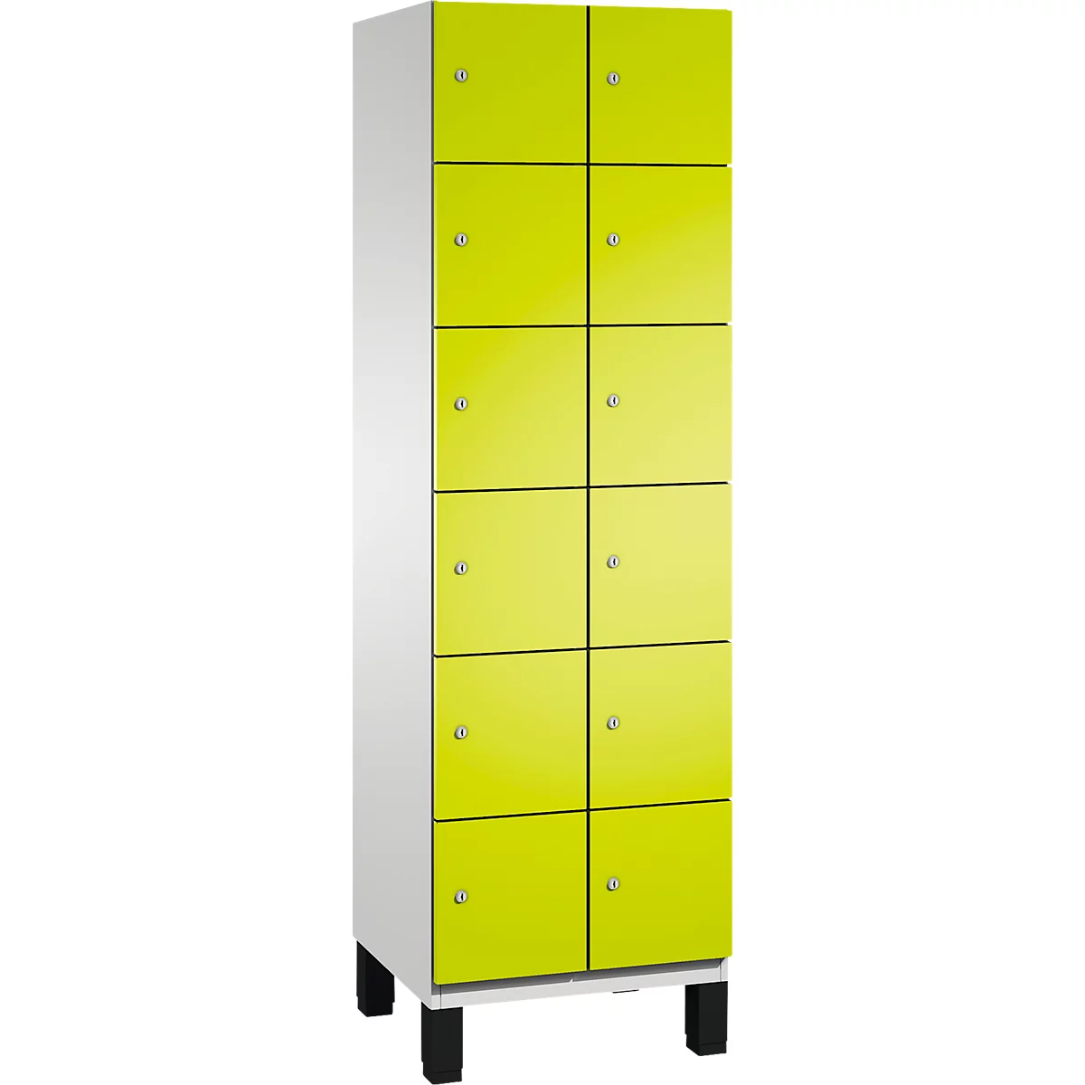 Armoire à 10 compartiments, côtés blancs et portes jaunes. Pieds noirs, poignées argentées.