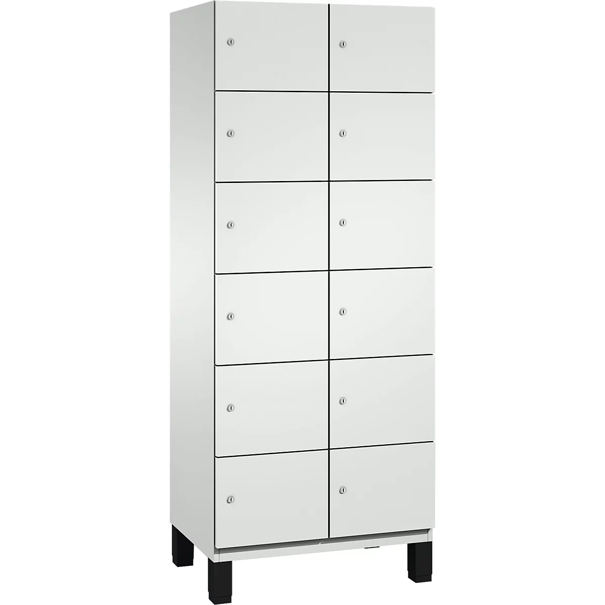 Armoire blanche avec 10 compartiments, des boutons argentés et des pieds noirs. Chaque compartiment a une division claire.