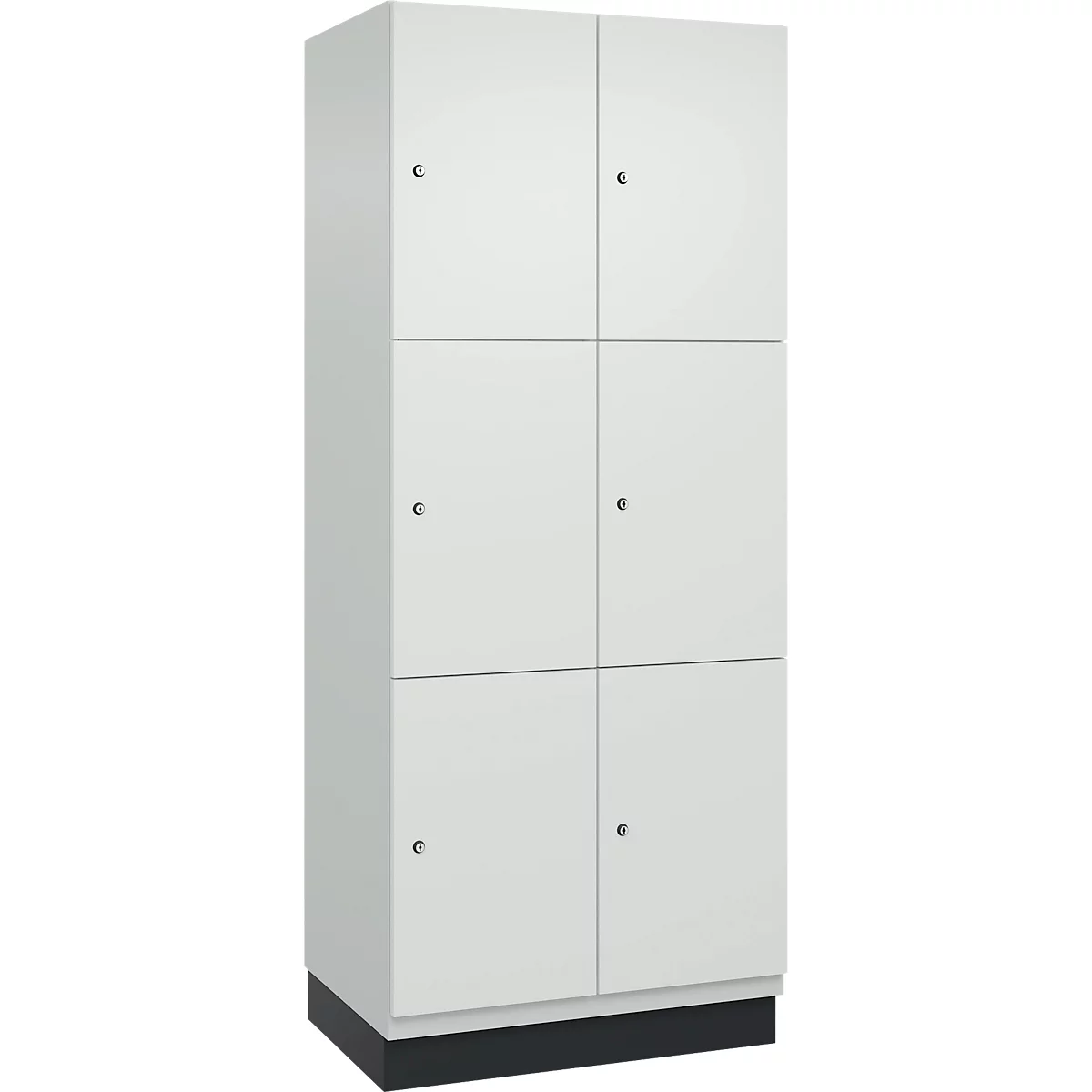 Armoire blanche avec six portes et de petites poignées rondes.