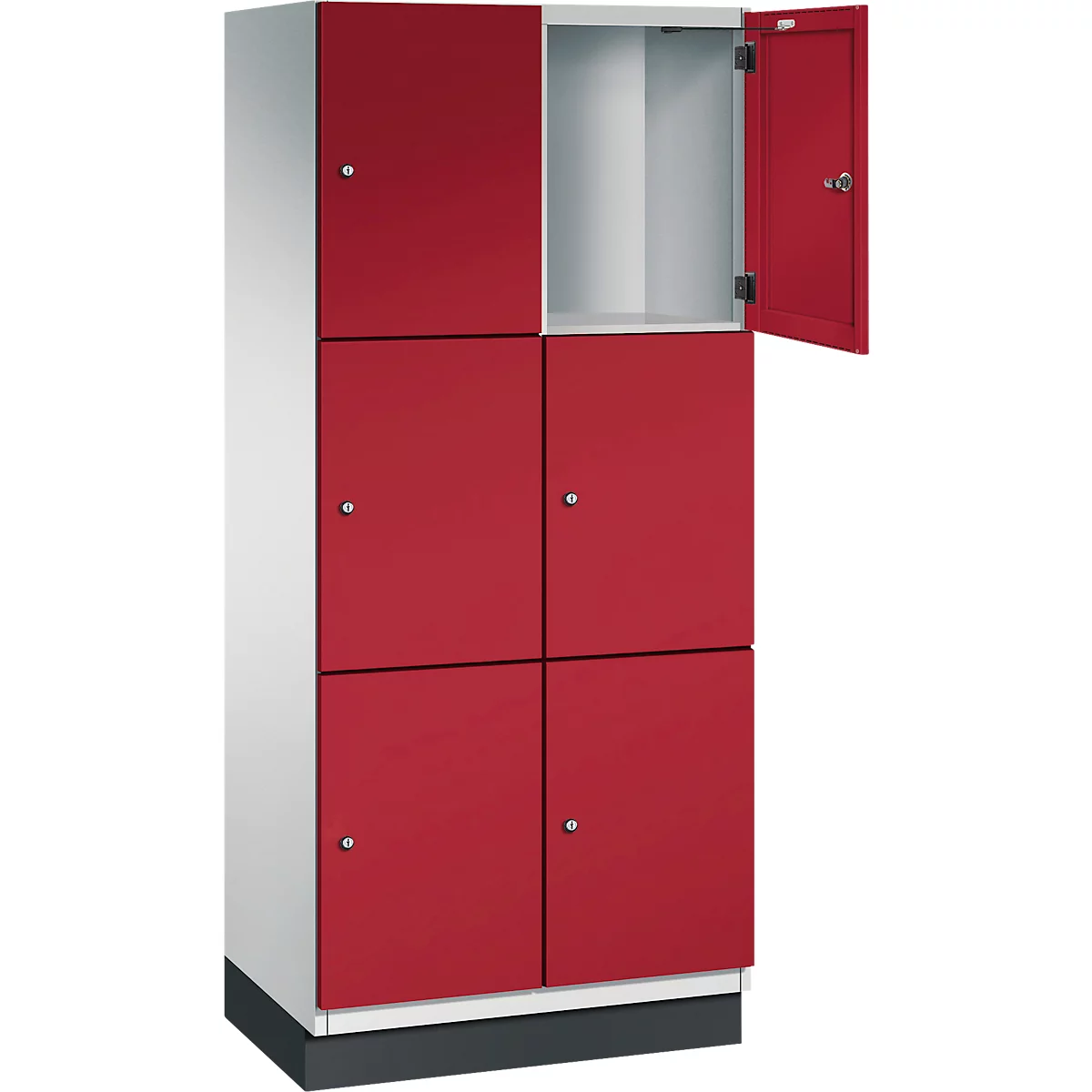 Casiers rouges et blancs, un compartiment ouvert.