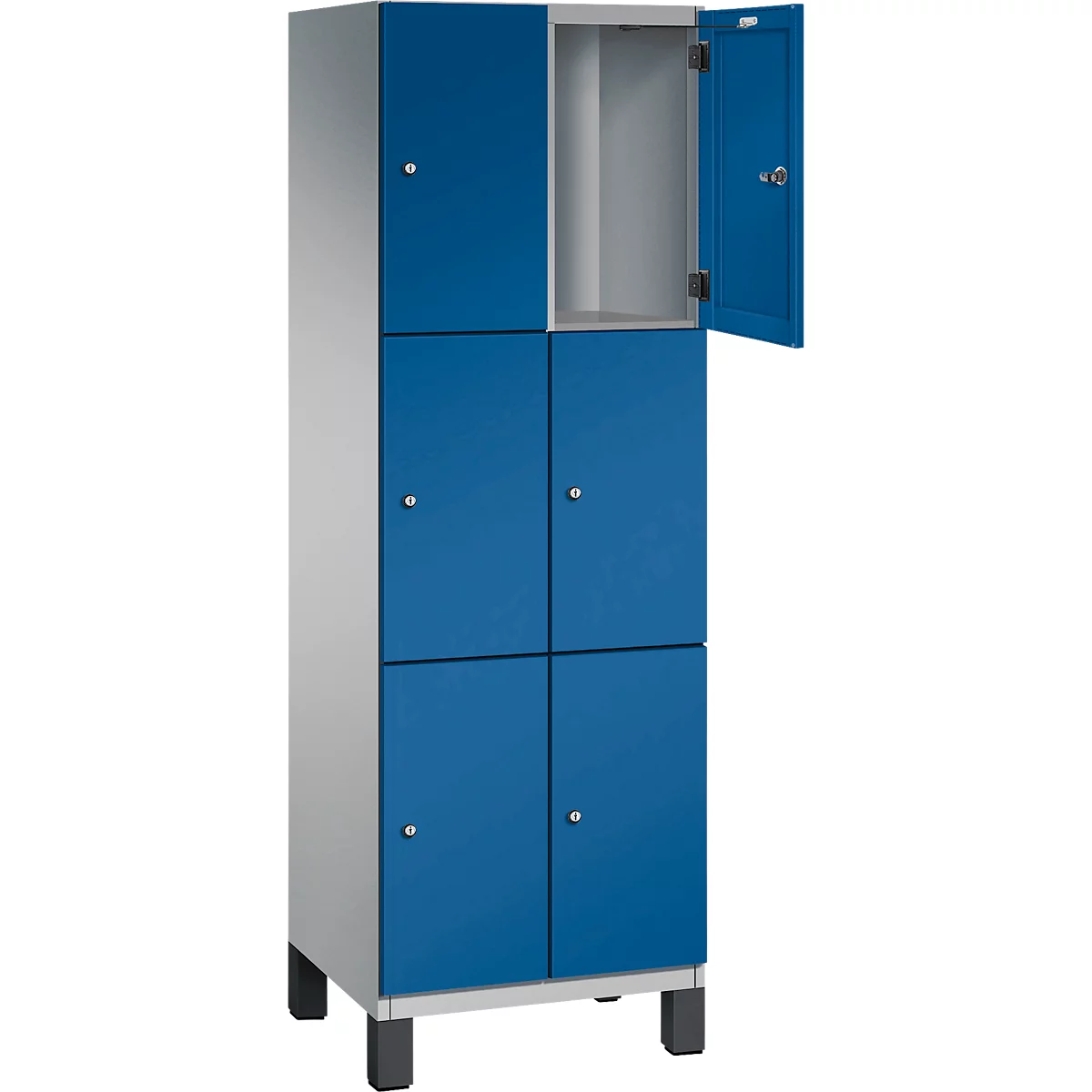 Un casier en acier avec des portes bleues, une porte est ouverte, un compartiment visible.