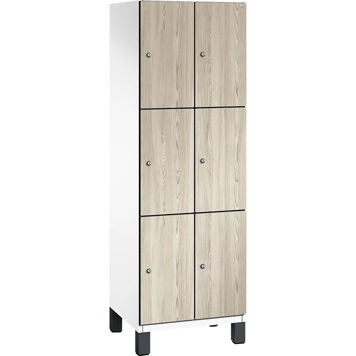 Armoire à six compartiments, portes en bois, poignées argentées, cadre blanc et pieds noirs.