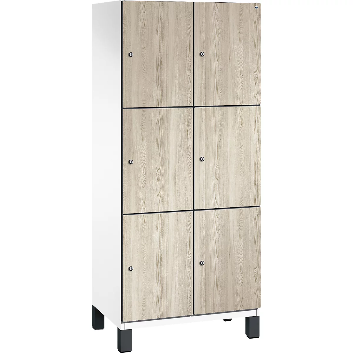 Armoire à six compartiments. Portes aspect bois avec cadres et poignées noirs, corps blanc, sur pieds noirs.