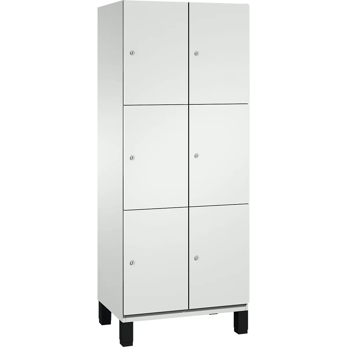 Armoire blanche à six portes. Pieds noirs. Petits boutons ronds. Design simple.