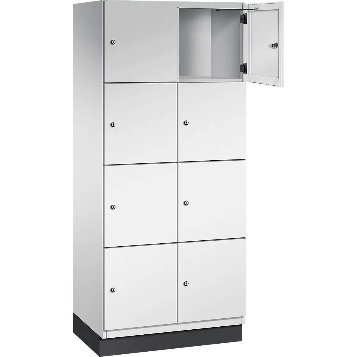 Armoire blanche à huit compartiments, une porte ouverte.
