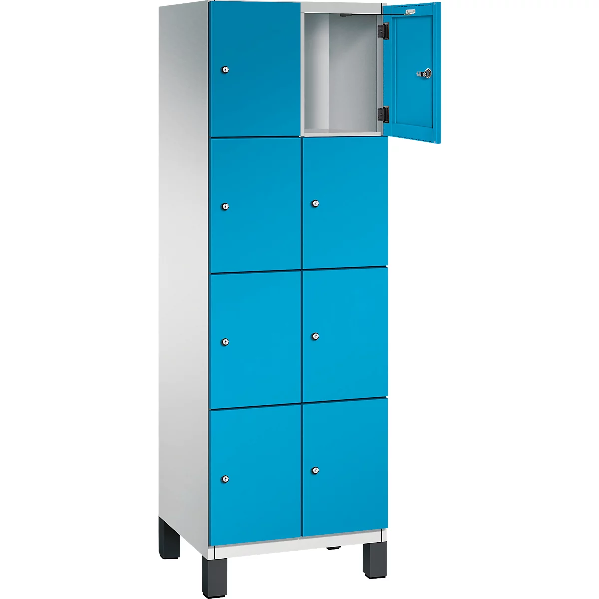Un casier blanc et bleu avec une porte ouverte, plusieurs compartiments.