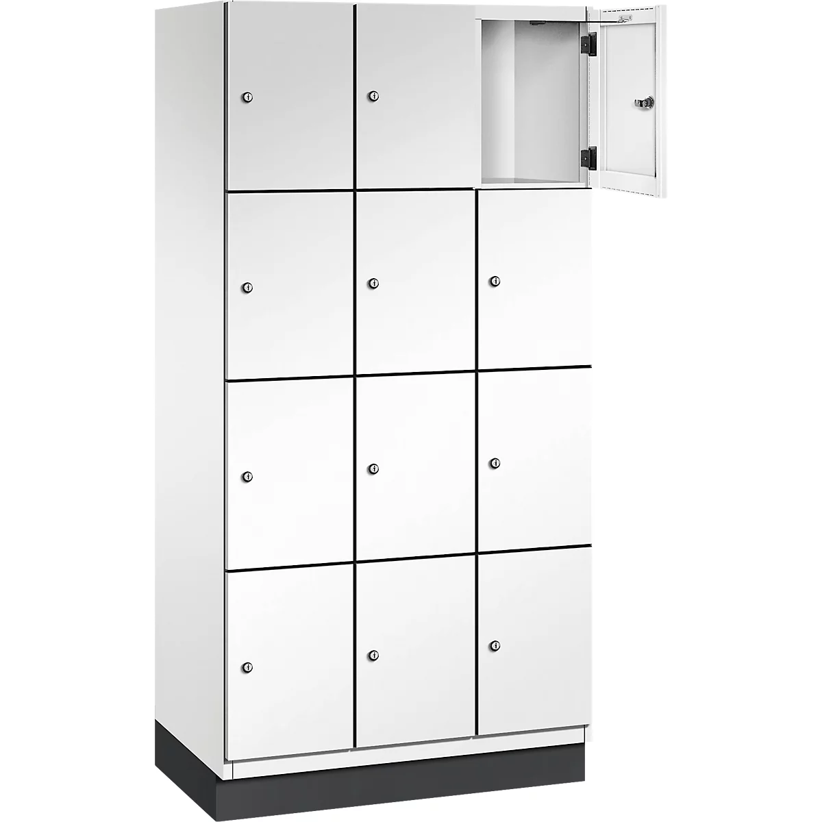 Armoire à casiers blanche avec 12 compartiments, un compartiment ouvert. Cadres noirs autour des portes.