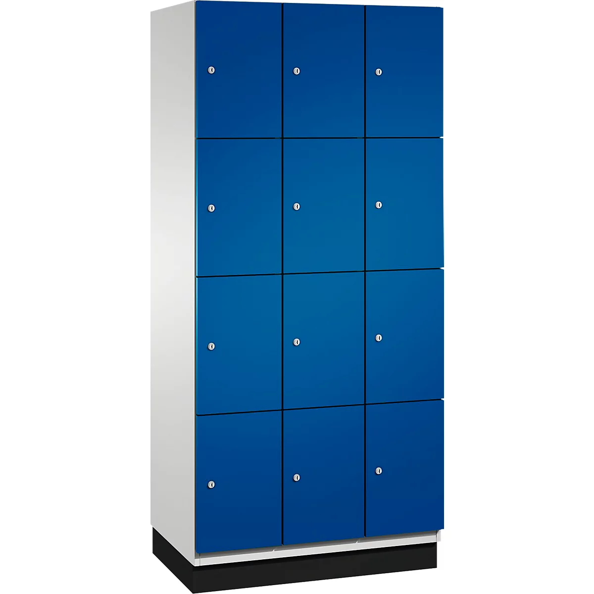 Une armoire avec 12 portes bleues et des boutons argentés. Les côtés sont blancs, la base est noire.