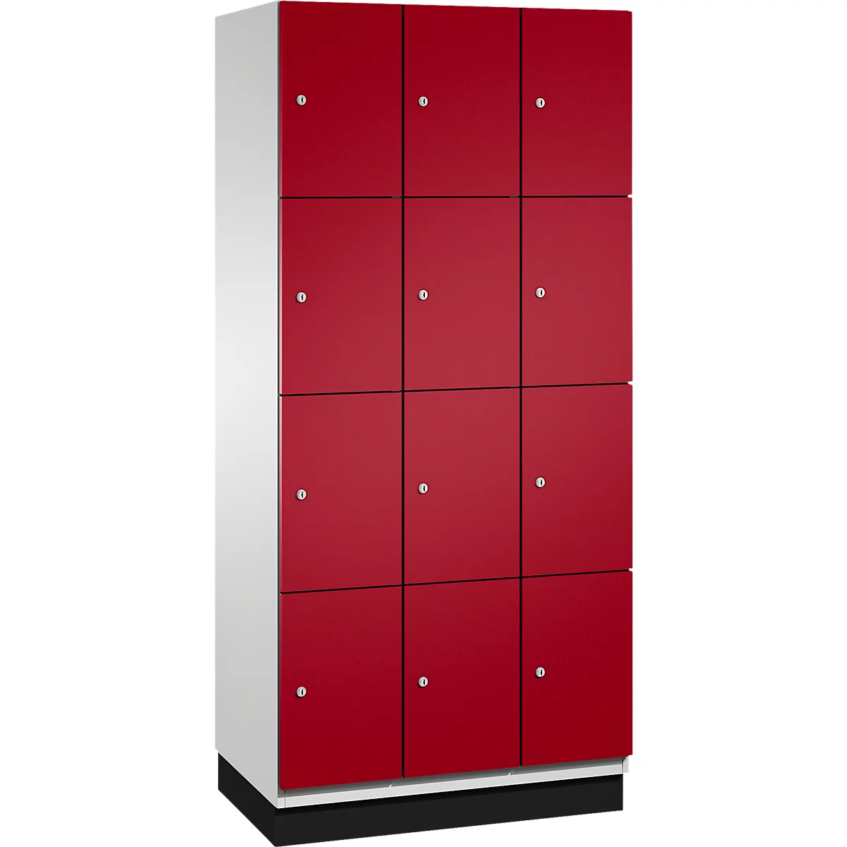 Un casier avec douze portes rouges, chacune avec un bouton argenté.