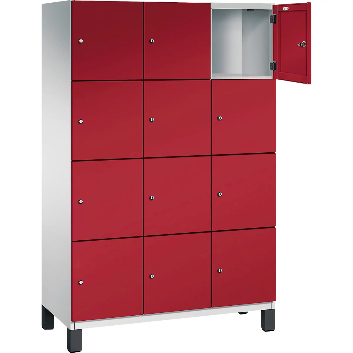 Une armoire rouge avec 12 compartiments, une porte ouverte, cadre gris, pieds noirs.