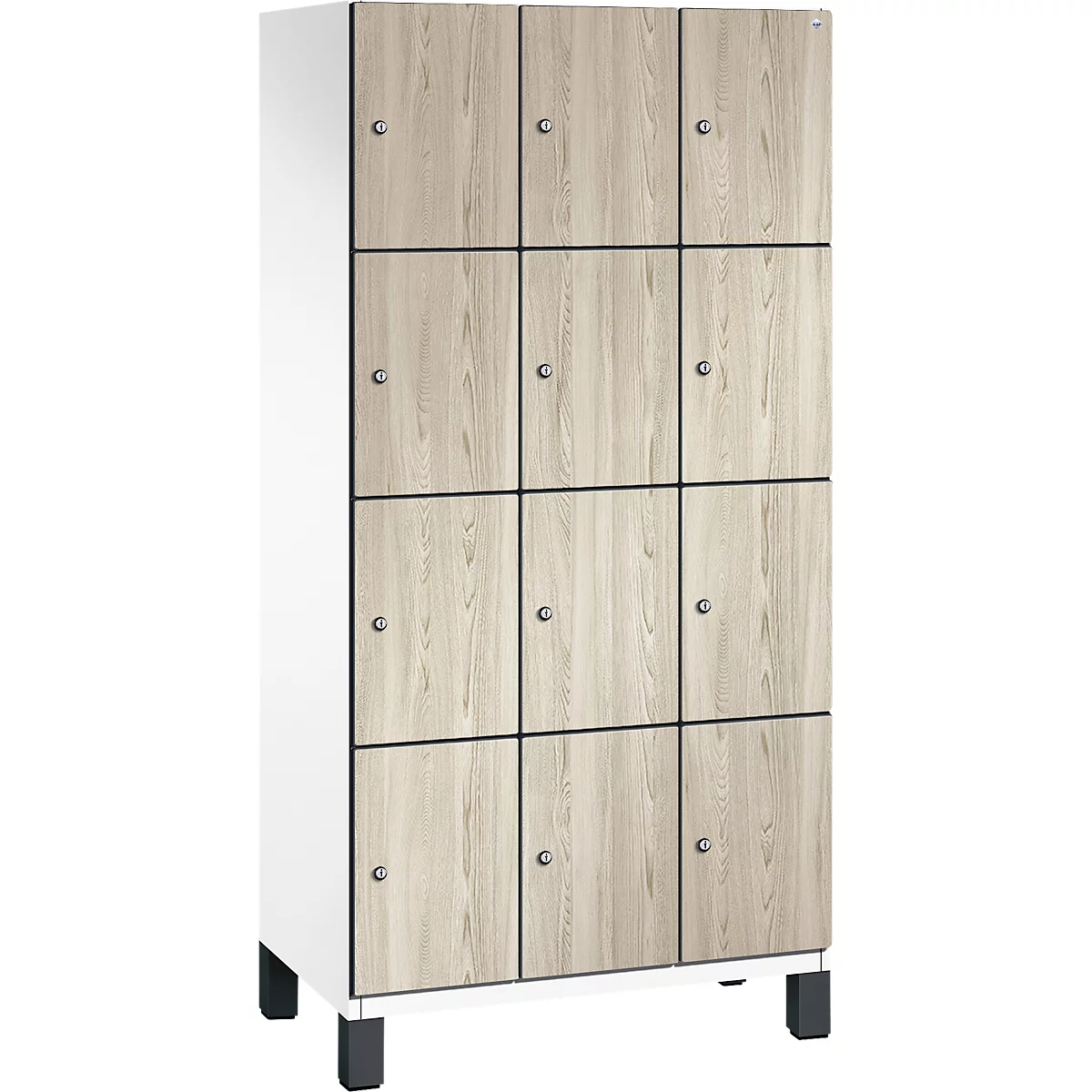 Armoire à 12 compartiments aspect bois, sur pieds.