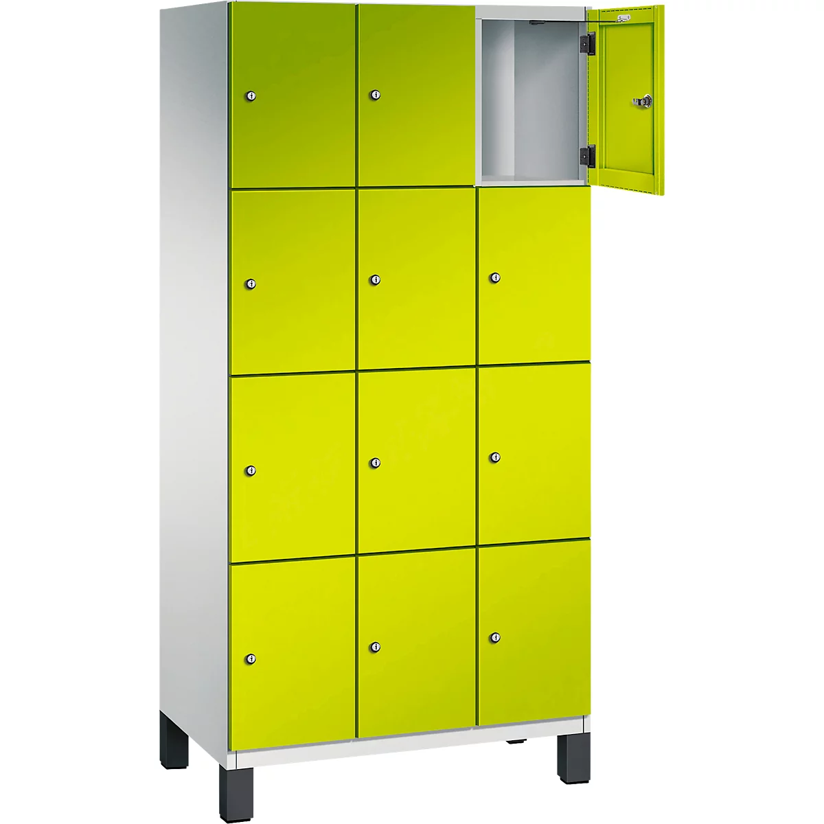 Casier vert avec plusieurs compartiments, une porte est ouverte.