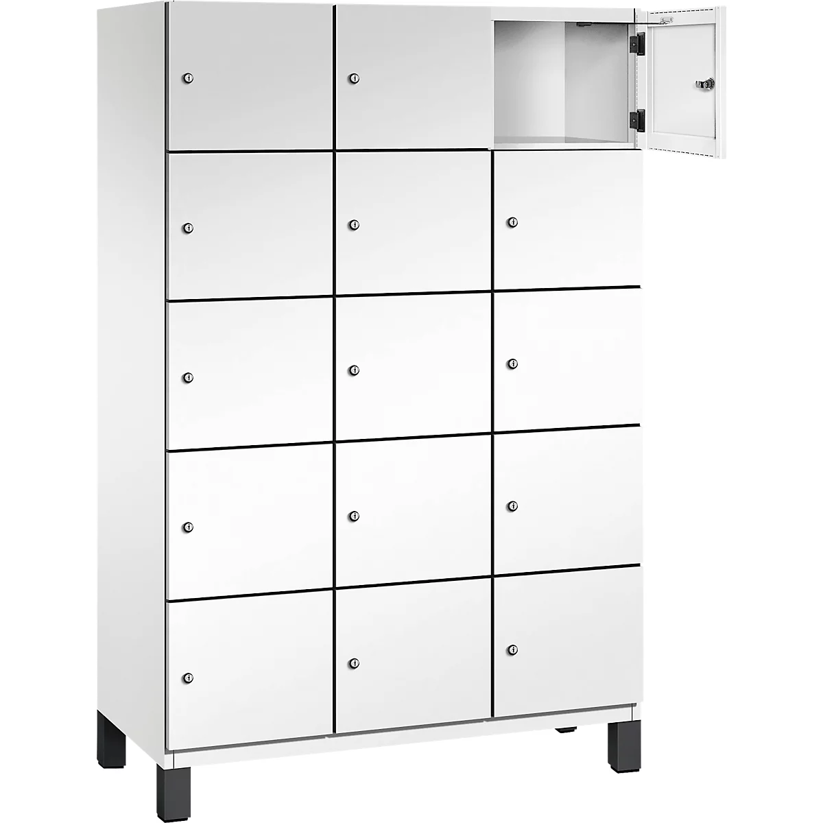 Casier blanc avec 12 compartiments, une porte ouverte et des pieds noirs.
