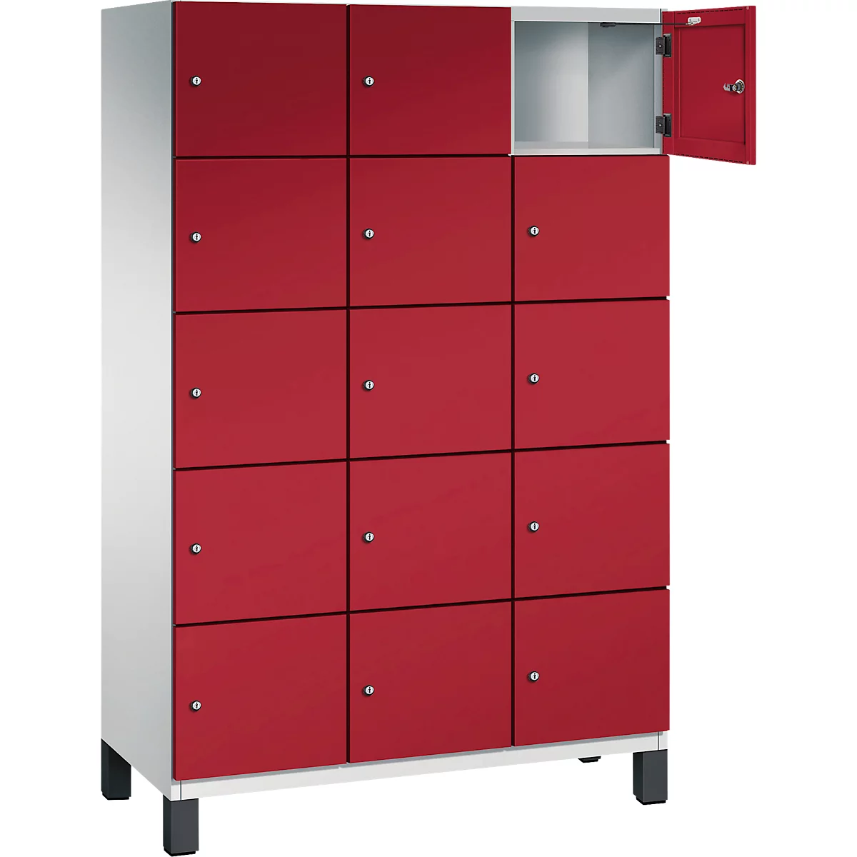 Armoire rouge avec 12 compartiments, dont un est ouvert. L'armoire repose sur des pieds noirs.