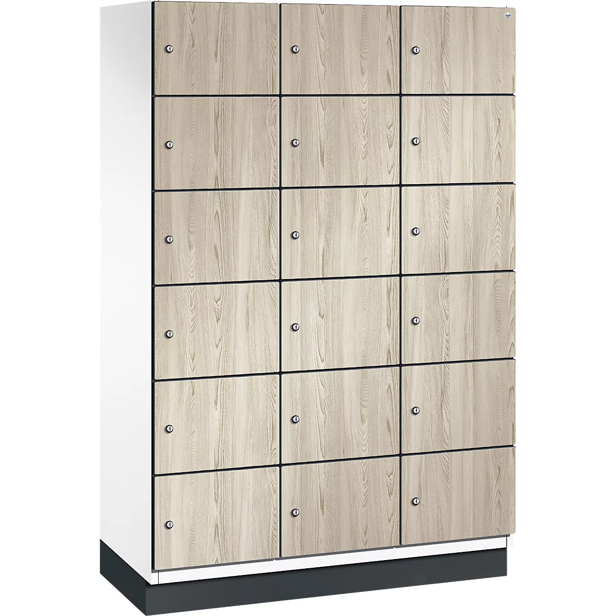 Une armoire à 15 compartiments, aspect bois, bordure noire, boutons argentés. Le corps est blanc.