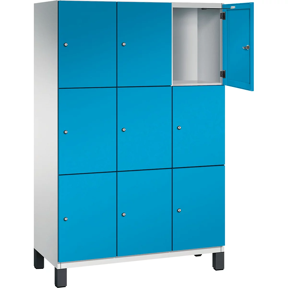 Casier bleu à neuf compartiments, une porte est ouverte.