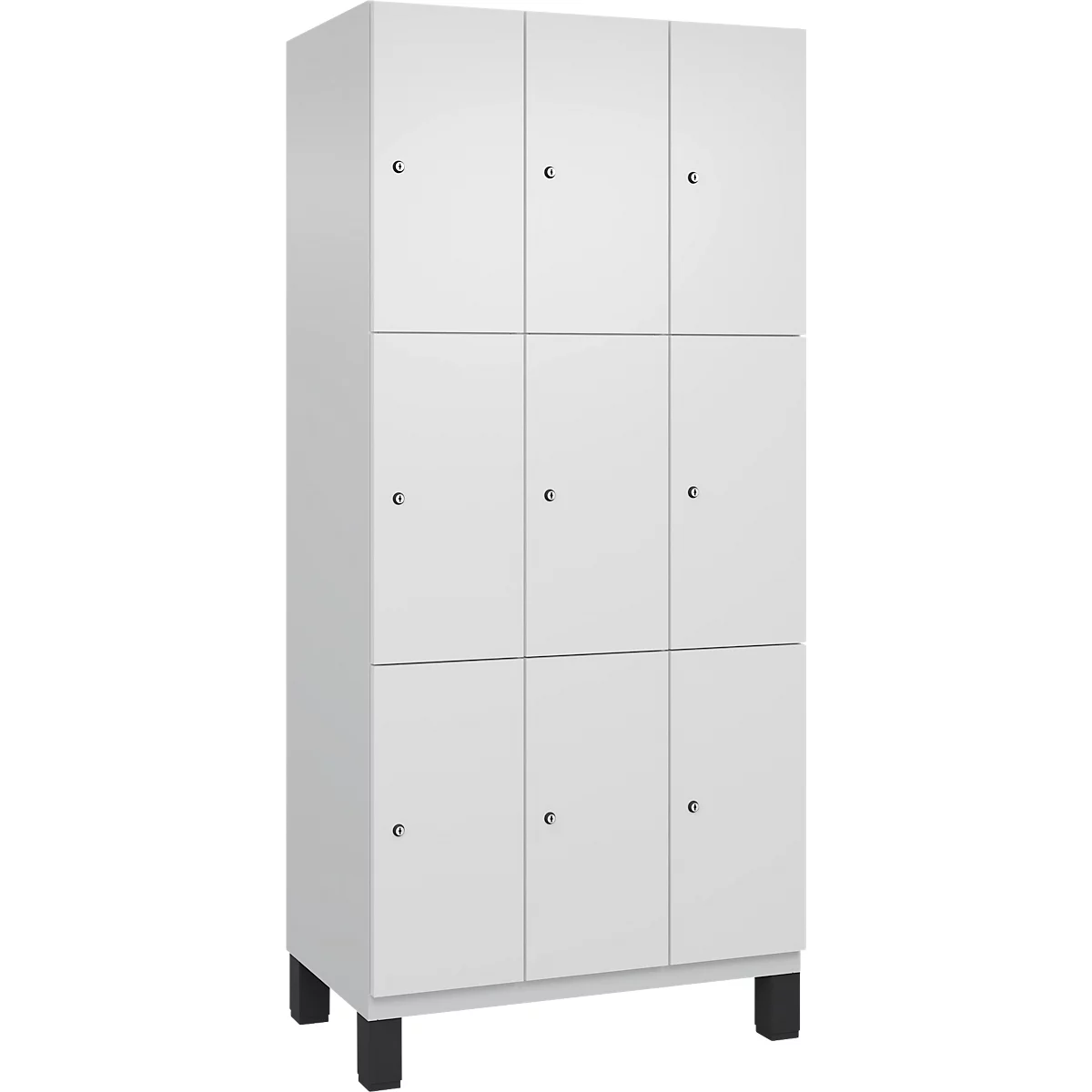 Une armoire blanche avec neuf portes. Elle repose sur des pieds noirs.