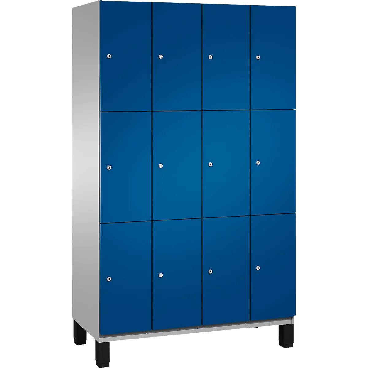 Casier bleu avec 12 compartiments, cadre argenté et pieds noirs.
