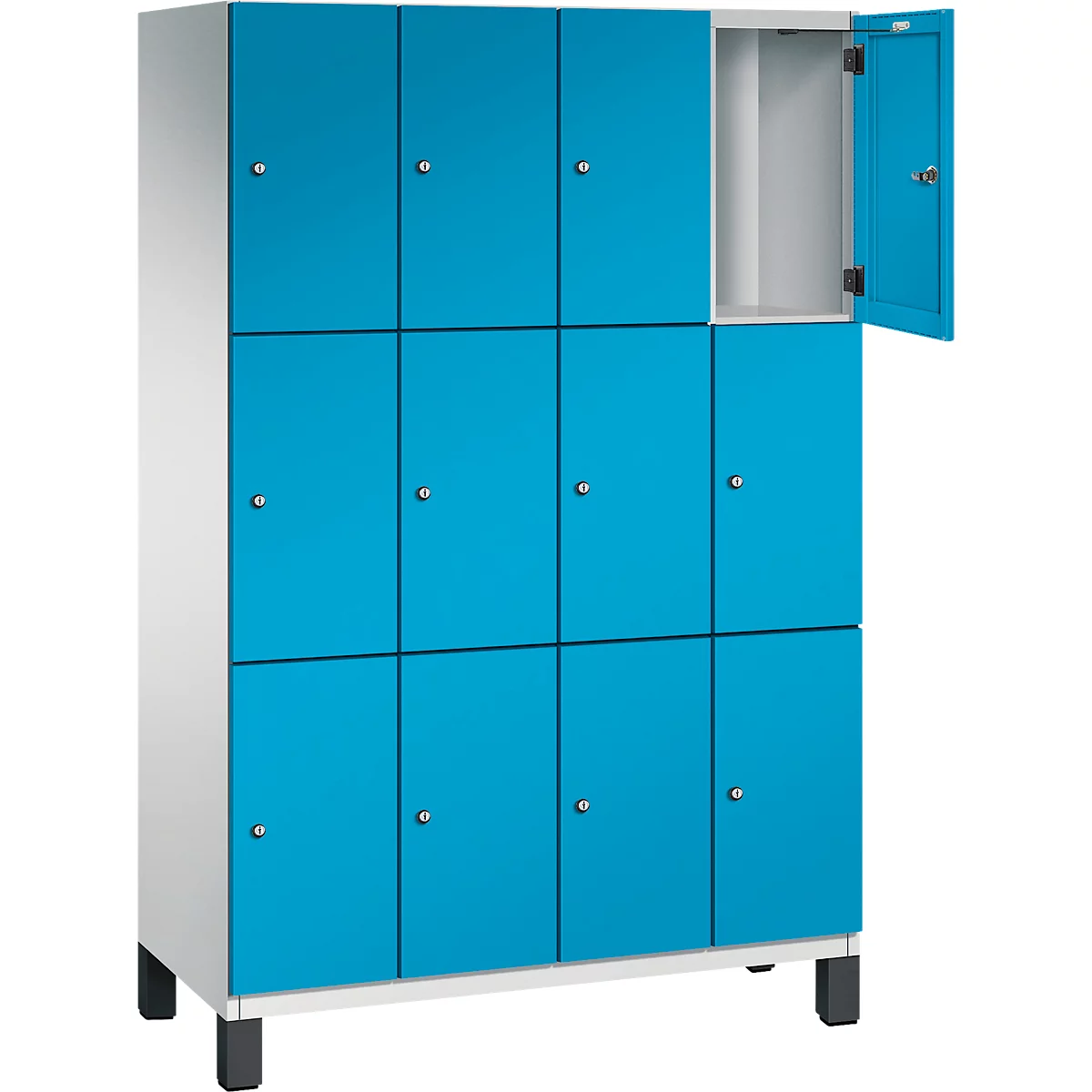 Armoire avec portes bleues, une porte est ouverte. L'armoire repose sur des pieds noirs.