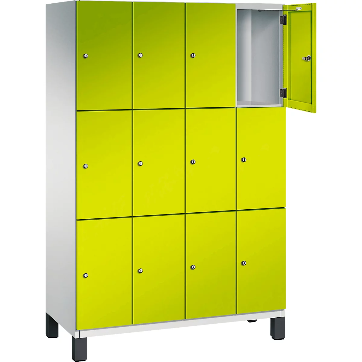 Armoire avec portes jaunes, une porte ouverte.
