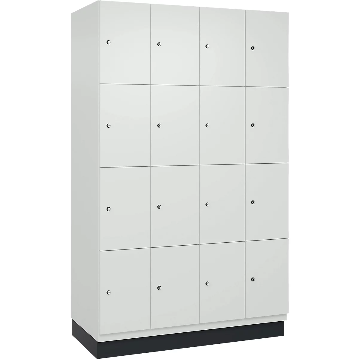 Une armoire blanche avec 16 portes, disposées uniformément, avec de petites poignées rondes. Sur une base noire.