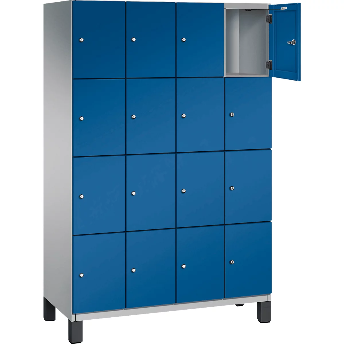 Un placard bleu avec plusieurs compartiments, une porte est ouverte.