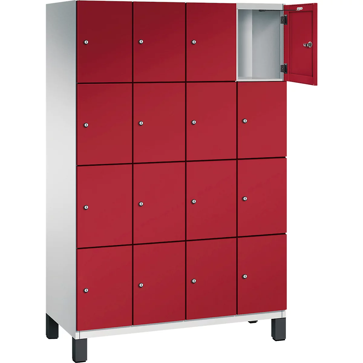 Armoire rouge avec plusieurs compartiments. Un compartiment est ouvert.