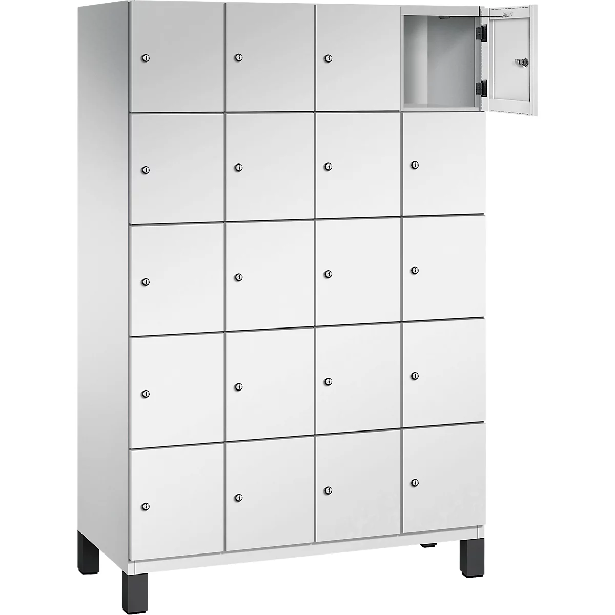 Armoire blanche avec 16 compartiments. Une porte est ouverte, à l'intérieur se trouve une étagère. Pieds noirs.