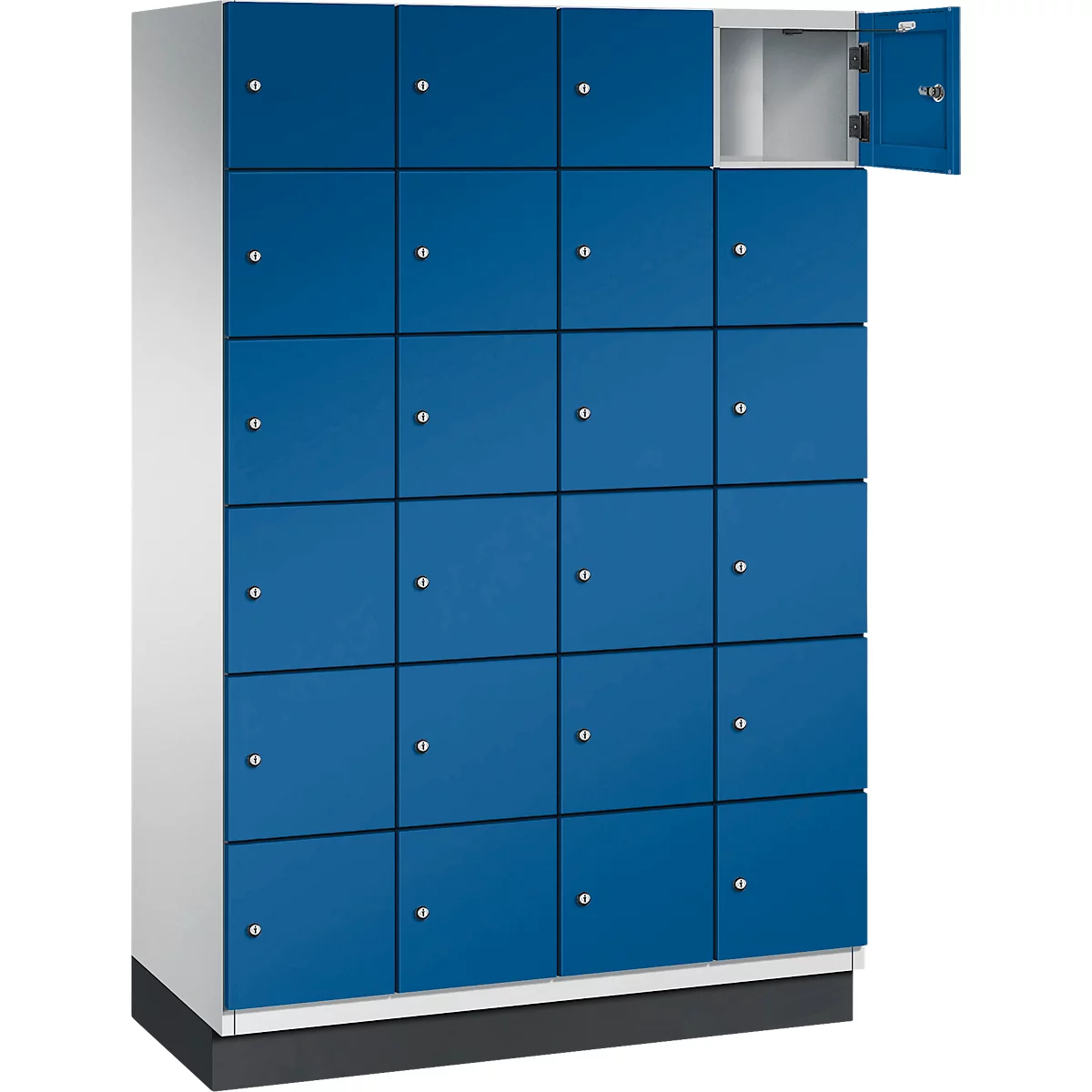 Une armoire avec 20 compartiments bleus, une porte ouverte.