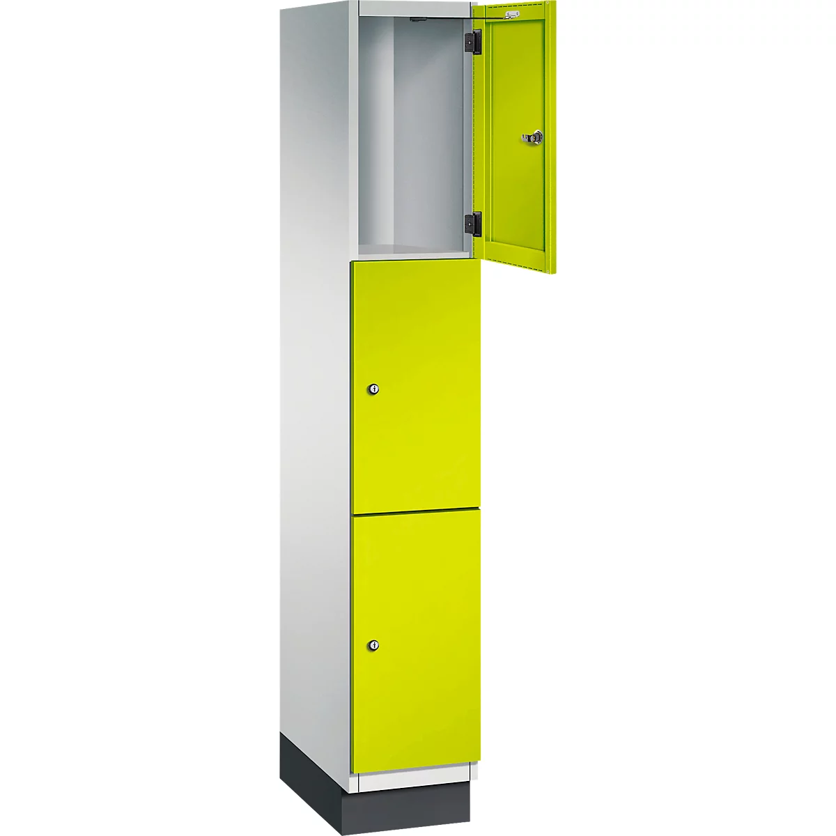 Un casier bicolore, gris-blanc et vert néon. Une porte est ouverte.