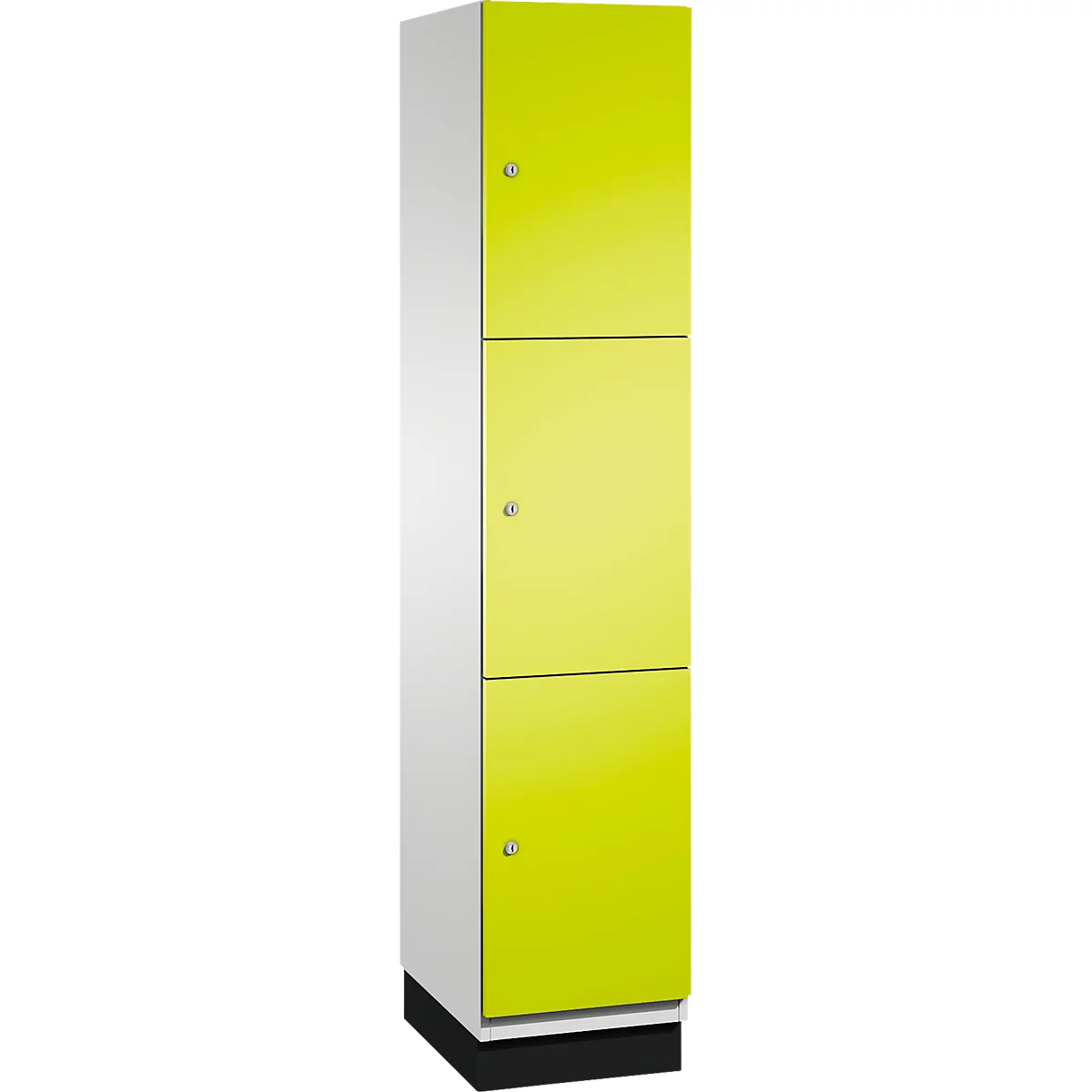 Armoire blanche et jaune avec trois portes, boutons et une base noire.